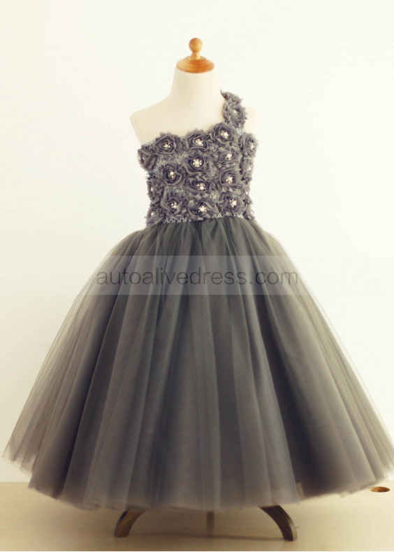 One Shoulder Gray Rosette Tulle Flower Girl Dress